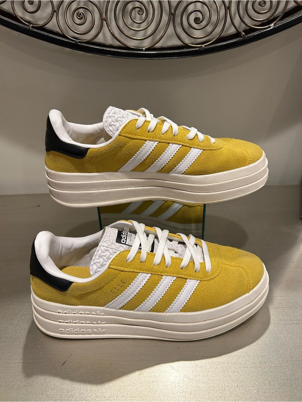 adidas Gazelle Yellow Suede Platform Sneakers with White Stripes